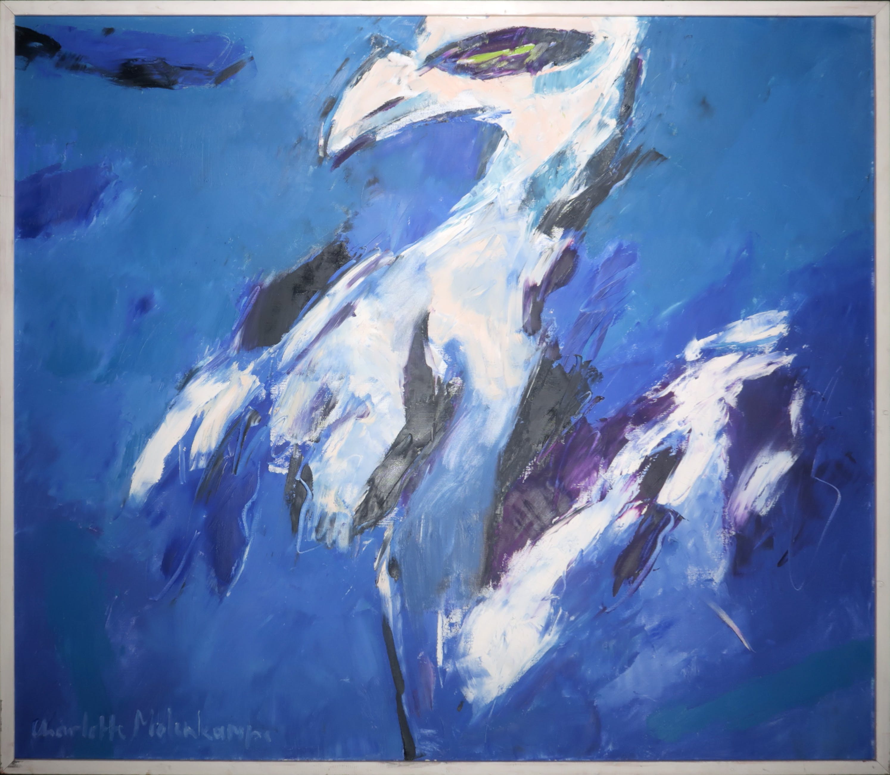 Charlotte Molenkamp - Olieverf op doek, Jonge vogel in blauw - Ingelijst verkocht voor € 1750!