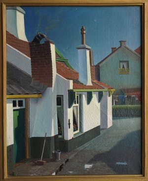 Niet of onleesbaar gesigneerd - Straatje in Katwijk aan Zee – olieverf op karton – ingelijst & gesigneerd kopen? Bied vanaf 1!