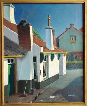 Niet of onleesbaar gesigneerd - Straatje in Katwijk aan Zee – olieverf op karton – ingelijst & gesigneerd verkocht voor € 1!