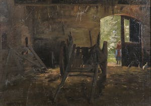 Niet of onleesbaar gesigneerd - Olieverf op board, Kar in schuur kopen? Bied vanaf 1!