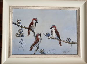 Henk Poeder - Drie kleine vogels in een winterse omgeving kopen? Bied vanaf 30!