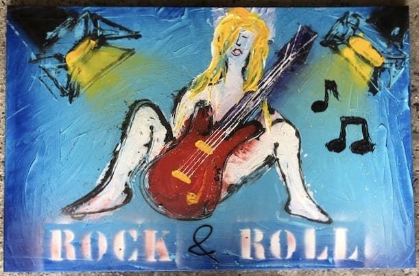Niet of onleesbaar gesigneerd - Heel groot street art schilderij gesigneerd CVI - Rock & Roll  verkocht voor € 1!