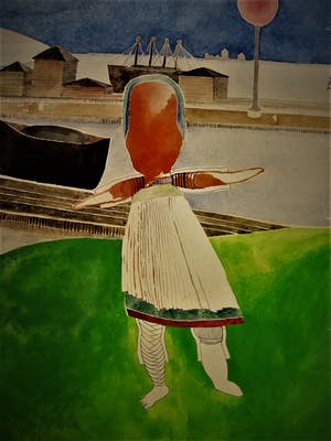 Henri de Haas - Karakteristieke Surrealistische Gouache "de Wandeling" gesigneerd 1971 GROOT! kopen? Bied vanaf 30!