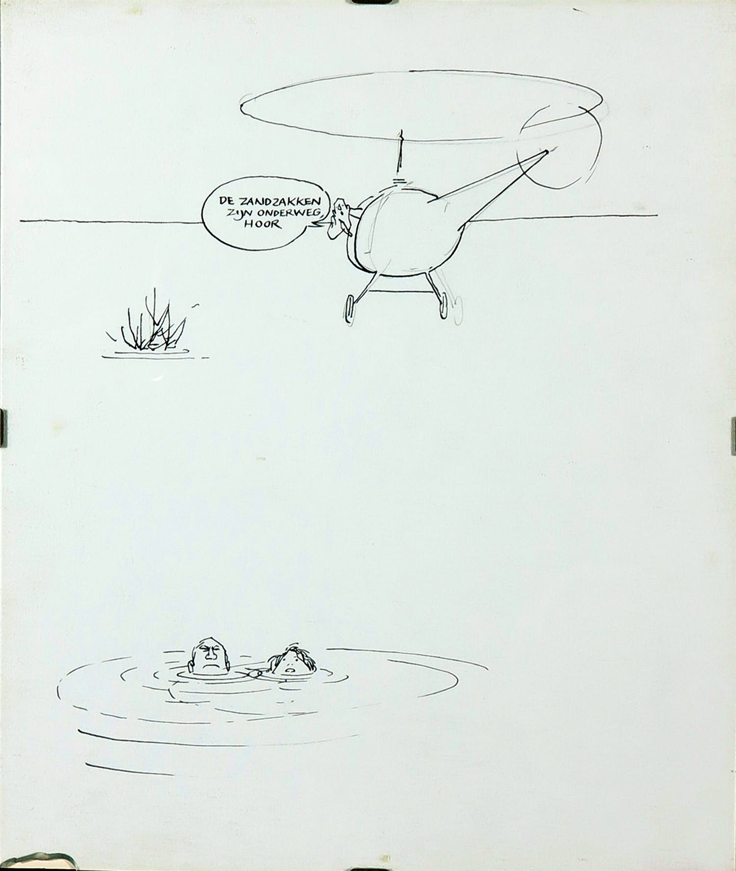 Peter van Straaten - Pentekening, De zandzakken zijn onderweg hoor - Ingelijst verkocht voor € 100!