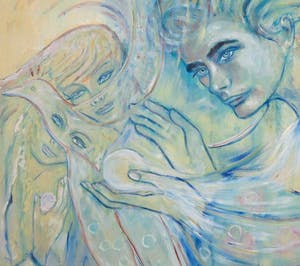 Kiss Riemvis - Olieverf op board, z.t. Fantasy droomfiguren- Ingelijst (Groot) kopen? Bied vanaf 1!