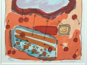 Geke uit de Bosch - Vliegen in een kersenregen - 'een hapje wolk' | kleuren zeefdruk (ingelijst) kopen? Bied vanaf 35!