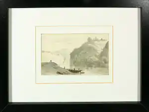 Barend Cornelis Koekkoek - (Toegeschreven aan) - Inkttekening, Rivieroever - Ingelijst verkauft für € 176!