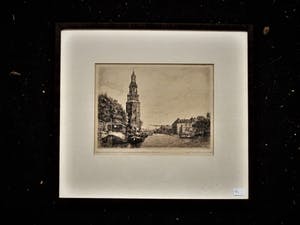 Jacob van Rossum - Mooie Ets - omstreeks 1920 - Amsterdam Montelbaanstoren - gesigneerd kopen? Bied vanaf 32!