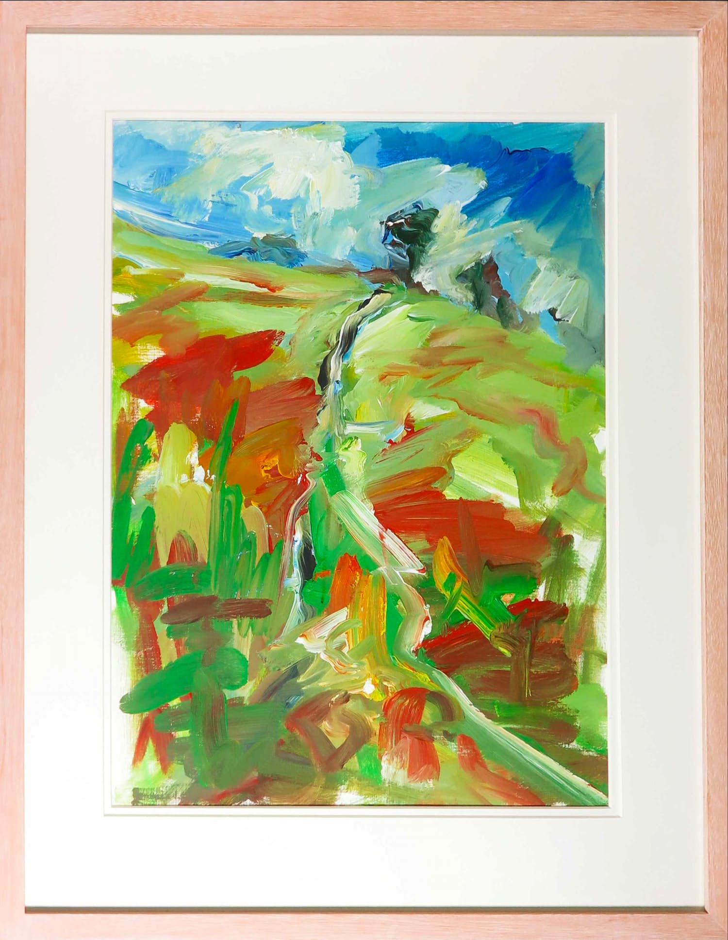Liz Strick - Acryl op papier, Poppyfield in Chilterns Hills- Ingelijst kopen? Bied vanaf 1!