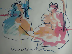 Anton Heyboer - Acryl en pastel , 2 Vrouwen & het Dier – 107 x 79 cm. kopen? Bied vanaf 150!