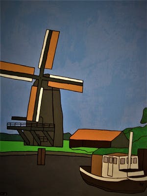 Laan Irodjojo - Outsider Art - GROOT Acrylverf op doek "Hollands Polderlandschap met Molens" ges kopen? Bied vanaf 20!