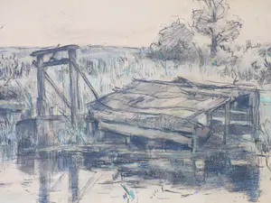 Louis Stutterheim - Boothuis in waterlandschap - Gemengde techniek kopen? Bied vanaf 1!