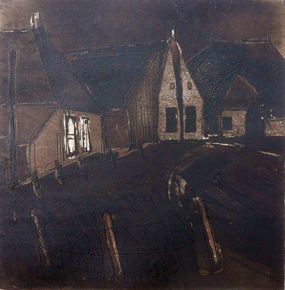Wim van der Veer - Nachtelijk dorpsgezicht -ets 1979- verkocht voor € 35!