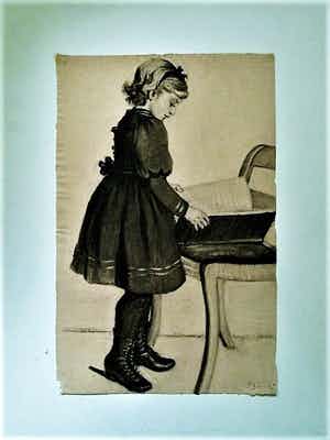 Niet of onleesbaar gesigneerd - Magnifieke rond 1900 gemaakte Houtskooltekening "Meisje leest boek" gesigneerd verkocht voor € 1!