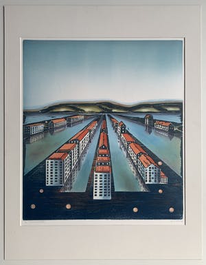 Willem de Vries - Houtsnede | 'Town-centre II' | 1999 kopen? Bied vanaf 75!