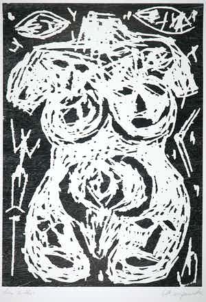 A.R. Penck - Houtsnede, Onleesbaar (Groot) verkocht voor € 500!