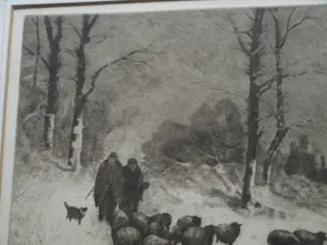 Sal Meijer - Ingelijste ets , Winterse wandeling met schapen in Laren (NH) kopen? Bied vanaf 60!