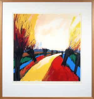 Gerda Elfring - Zeefdruk, Landschap met wilgen - Ingelijst verkocht voor € 35!