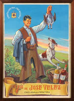 Onbekende kunstenaar - Handgesigneerde gouache, Reclametekening Amontillado Fino Vda de Jose Velez verkocht voor € 1!