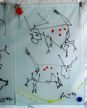 Niet of onleesbaar gesigneerd - 3 op Glas geschilderde werken, Fietsen, Koeien en Varkens - gesigneerd kopen? Bied vanaf 1!