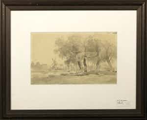 Arnoldus Johannes Eymer - Aquarel, Landschap met bomen en uitzicht op huizen en molen - Ingelijst verkocht voor € 50!