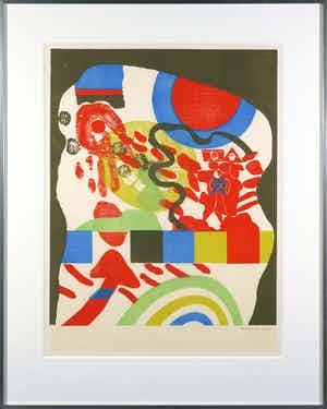 Jef Diederen - Houtsnede op rijstpapier, Abstracte compositie - Ingelijst verkocht voor € 70!