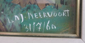 Leo Neervoort - Boerderij aan rivier. Naïeve schilder. kopen? Bied vanaf 10!