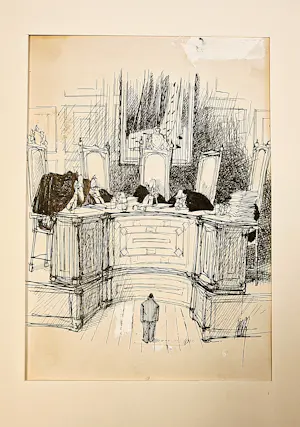 Peter van Straaten - Zeldzame jaren 70 oostindische inkt "rechtbank" tekening gesigneerd kopen? Bied vanaf 67!
