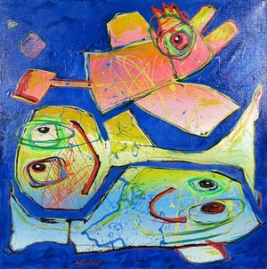 Ad Verstijnen - Gemengde techniek op doek, Vogel, vissen - Ingelijst kopen? Bied vanaf 1!