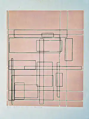 Paul van Gils - 1981 - Ets op dik roze papier - geometrische studie fase 1 - zeer kleine oplage verkocht voor € 62!