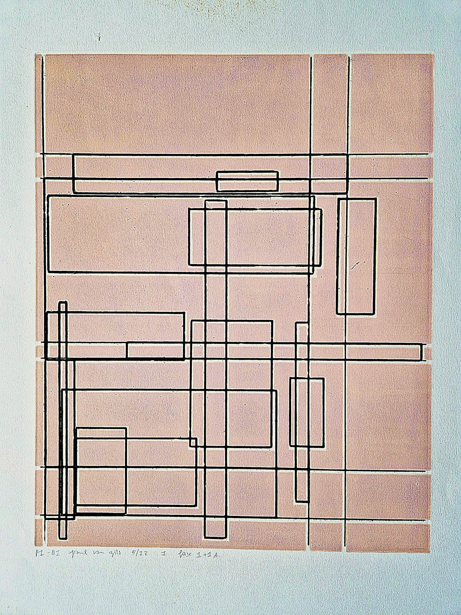 Paul van Gils - 1981 - Ets op dik roze papier - geometrische studie fase 1 - zeer kleine oplage kopen? Bied vanaf 62!