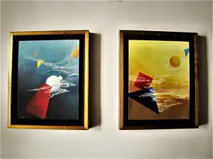 Dieuwke Tamsma - Fraaie set van 2 olieverf schilderijen "Dag & Nacht" gesigneerd verkocht voor € 62!