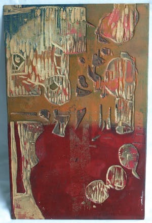 Fon Klement - De 2 dubbelzijdige houten drukblokken van de houtsnede ‘Pioenrozen en appels’ kopen? Bied vanaf 60!