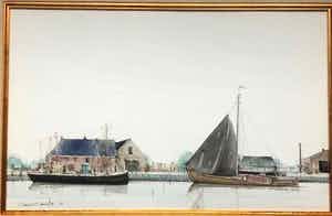 Ciano Siewert - Aangemeerde boten in een vaart - Aquarel, Ingelijst verkocht voor € 450!