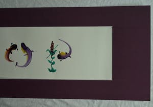 Niet of onleesbaar gesigneerd - ‘Gekaligrafeerde’ acrylverf op papier , Japan , Vissen / Karpers – ingelijst kopen? Bied vanaf 1!