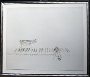 Corstiaan de Vries - (Kleur)potlood-tekening , Sprinkhaan en Bij op piano – ingelijst – 94 x 80 cm kopen? Bied vanaf 1!