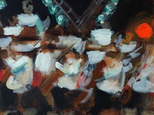 Niet of onleesbaar gesigneerd - Groot , ingelijst acrylverf op doek , Het concert – 1998 - 81 x 111 cm kopen? Bied vanaf 1!