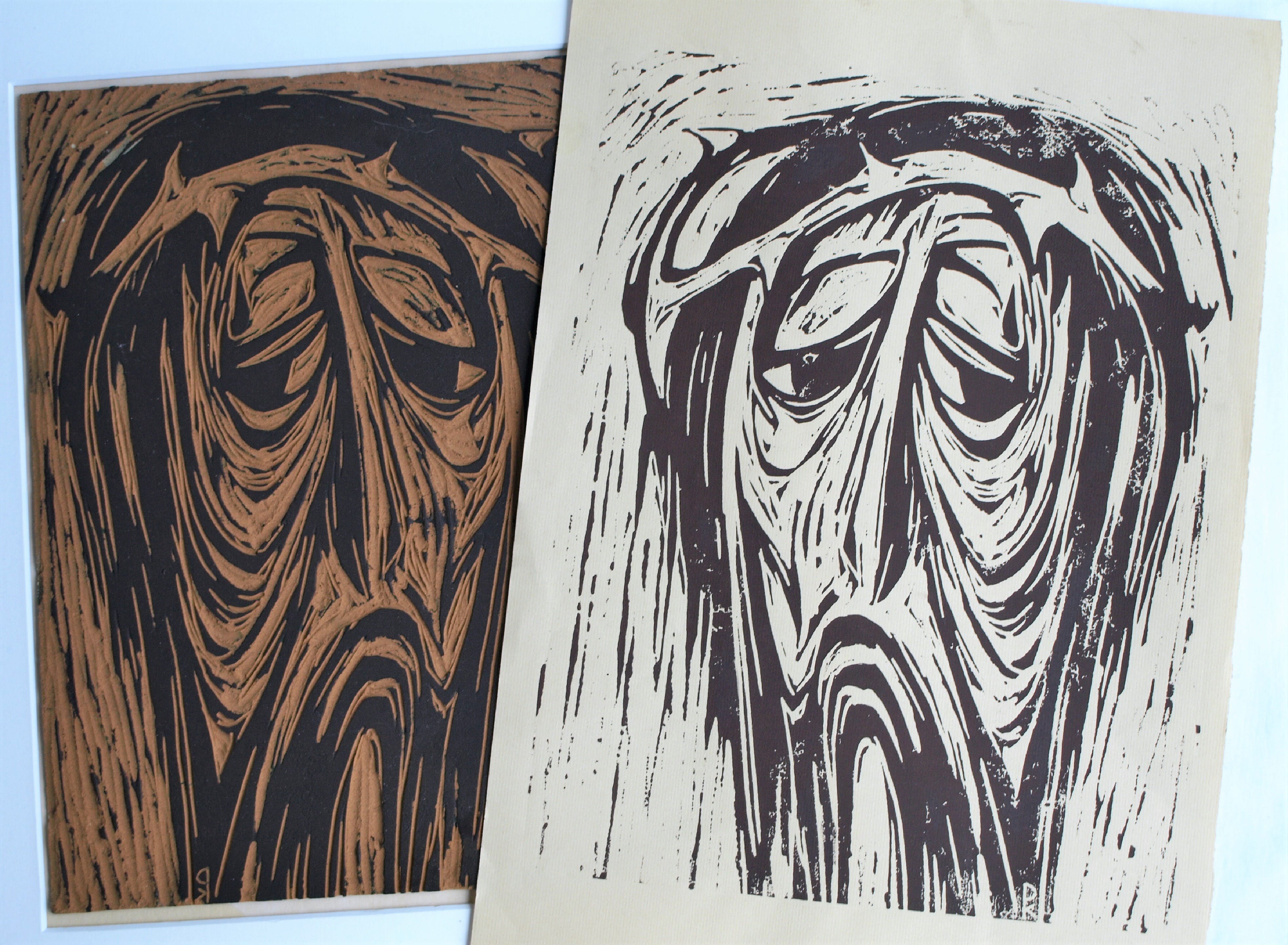 Klaas Pijlman - Originele linoplaat + afdruk , Jezus, man van smarten - ingelijst – 1965 verkocht voor € 75!