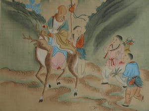 Niet of onleesbaar gesigneerd - Ingelijste gouache op zijde, Japan? China? , Figuren in berglandschap kopen? Bied vanaf 1!