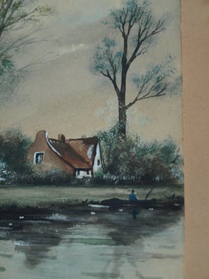Niet of onleesbaar gesigneerd - Ingelijste gouache, Landschap – gesigneerd (Du Chattel?) - oud - kopen? Bied vanaf 1!