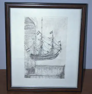 Buy Willem Bastiaan Tholen - V.O.C. schip, hangend in de kerk van Blokzijl - ets - ingelijst? Bid from 40!