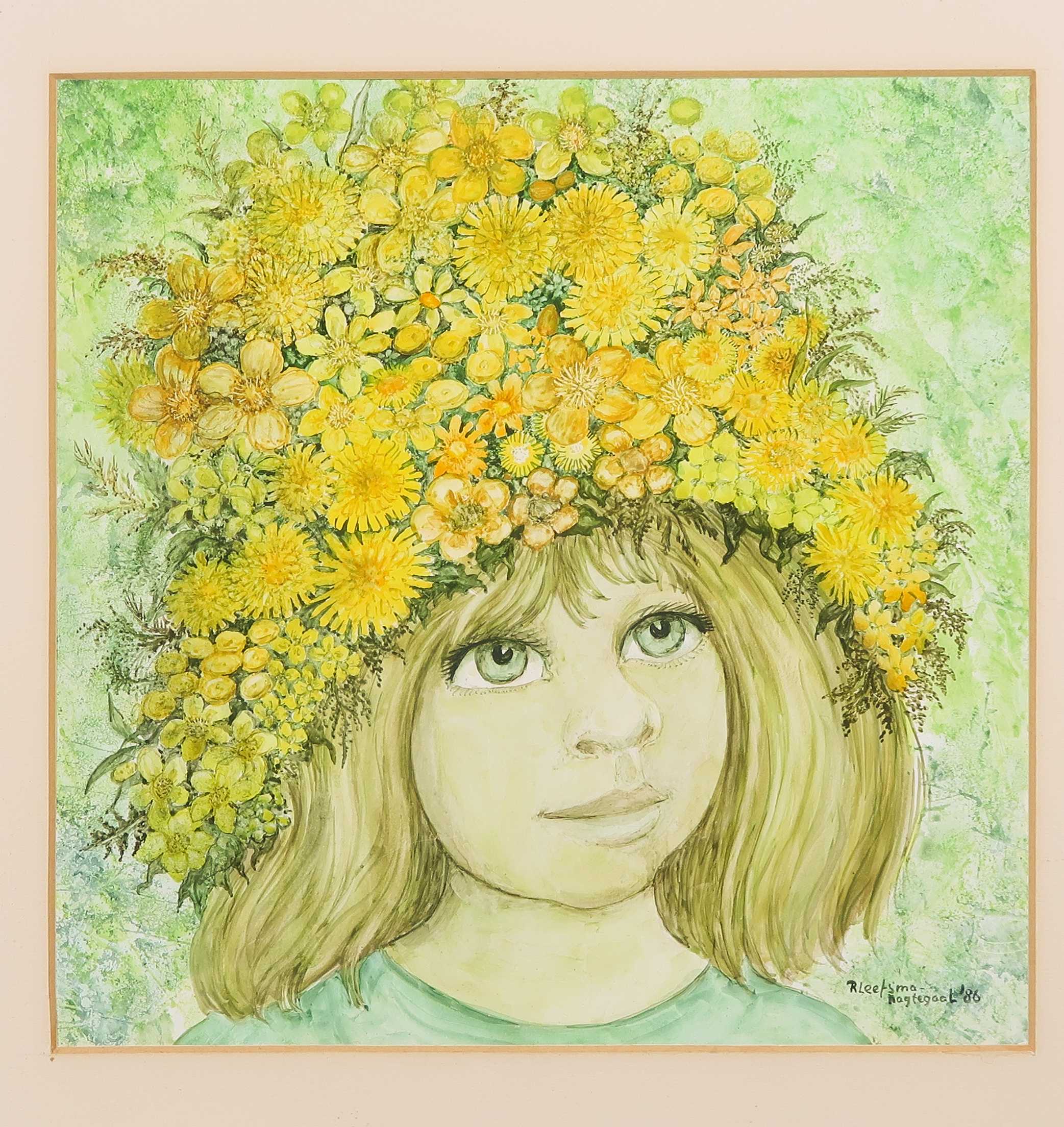 Rini Leefsma-Nagtegaal - Gemengde techniek op papier, Hoed met gele bloemen - Ingelijst kopen? Bied vanaf 1!