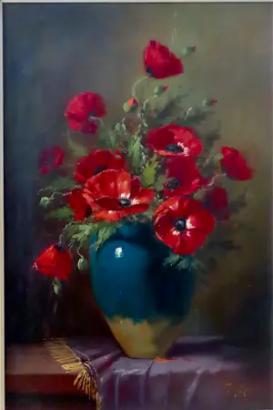 Tilly Moes - Papavers in groene vaas op paars velours kopen? Bied vanaf 175!