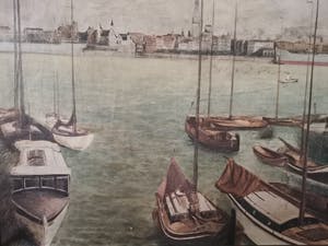 Niet of onleesbaar gesigneerd - Zicht op de jachthaven van Antwerpen met historisch stadscentrum op achtergrond kopen? Bied vanaf 1!