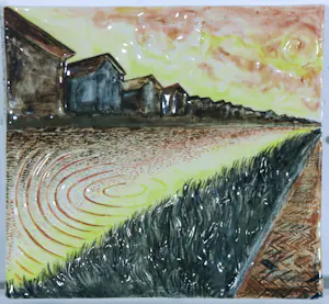 Chris Dagradi - Keramiek wandobject, Tegel met rivier en huizen kopen? Bied vanaf 100!