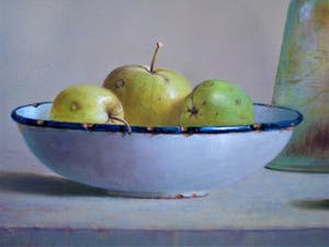 Hans Habraken - Stilleven oude fles en emaillen schaal appels kopen? Bied vanaf 450!