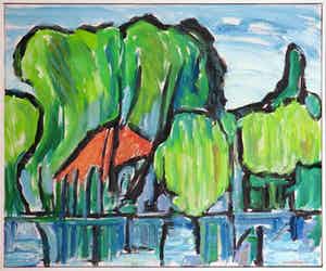 Paul Overhaus - Olieverf op doek, Aan het water - Ingelijst verkocht voor € 80!