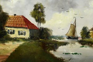 Niet of onleesbaar gesigneerd - "Zicht op dorp aan vaart met boerderijen, kerk en zeilschip" - olieverf opdoek kopen? Bied vanaf 10!