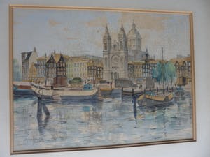 Jan den Hengst - Aquarel. zicht op de St. Nicolaaskerk te Amsterdam. kopen? Bied vanaf 35!