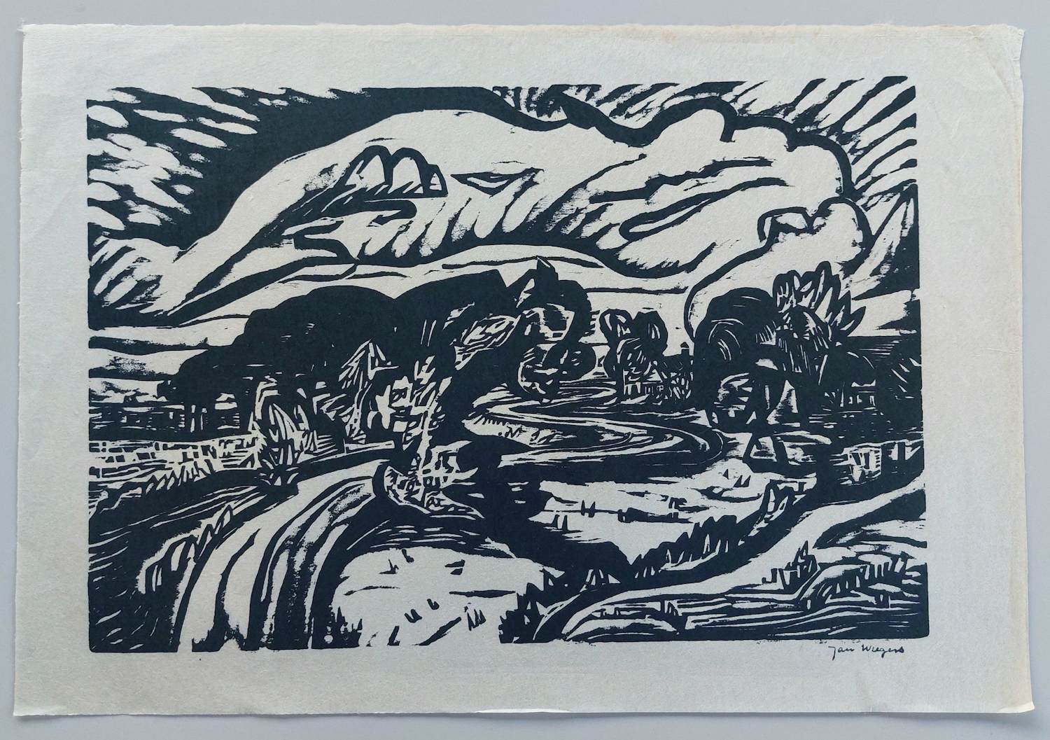 Jan Wiegers - Houtsnede 'Landschap' kopen? Bied vanaf 110!